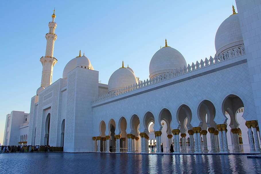 pray, muslim, sheikh zayed grand mosque, minaret, architecture, HD wallpaper