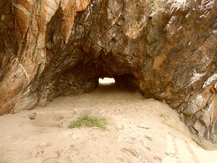 cave, beach, coast, hole, rocks, samd, nature, formation, rock - object HD wallpaper