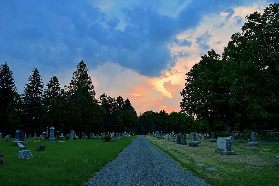 Sunset, Clouds, Cemetery, Walkway, Grass, trees, orange, colorful HD wallpaper