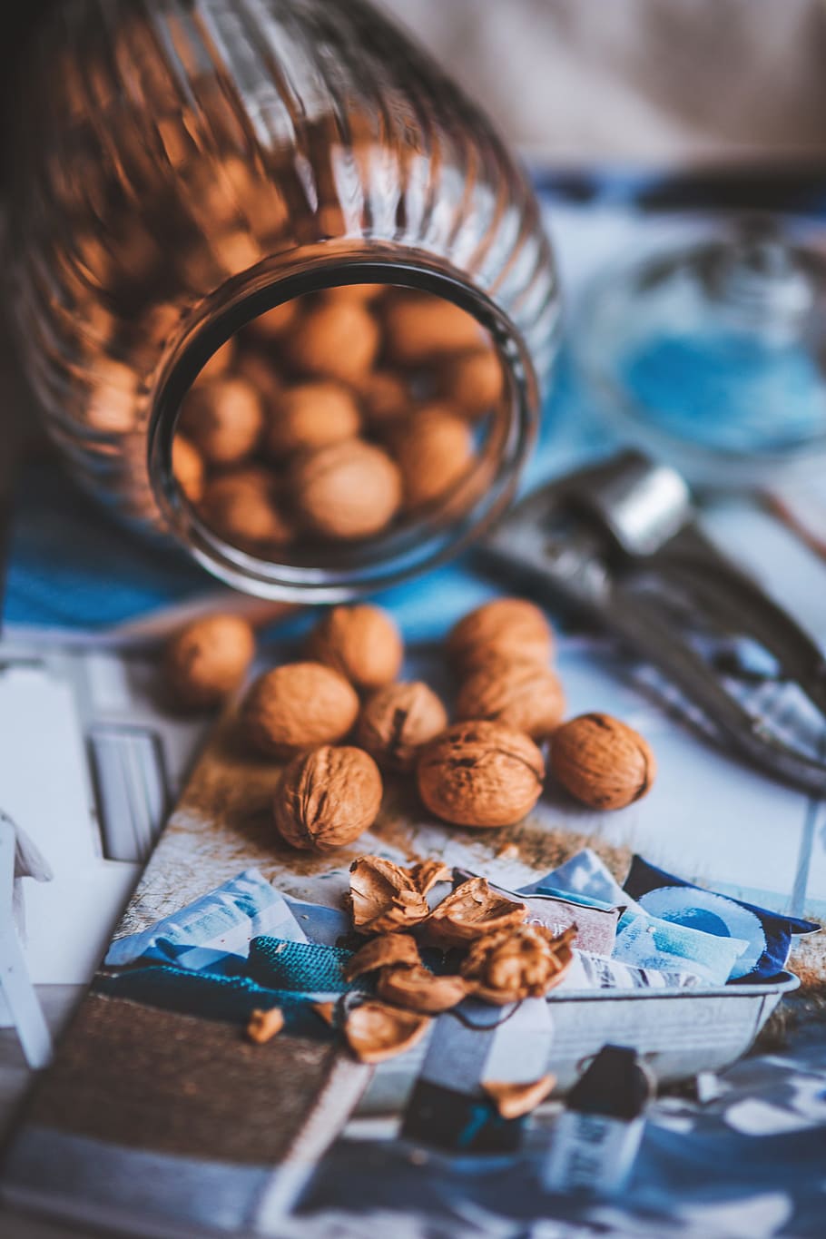 walnuts, jar, autumn, white glass, still life, table, food HD wallpaper