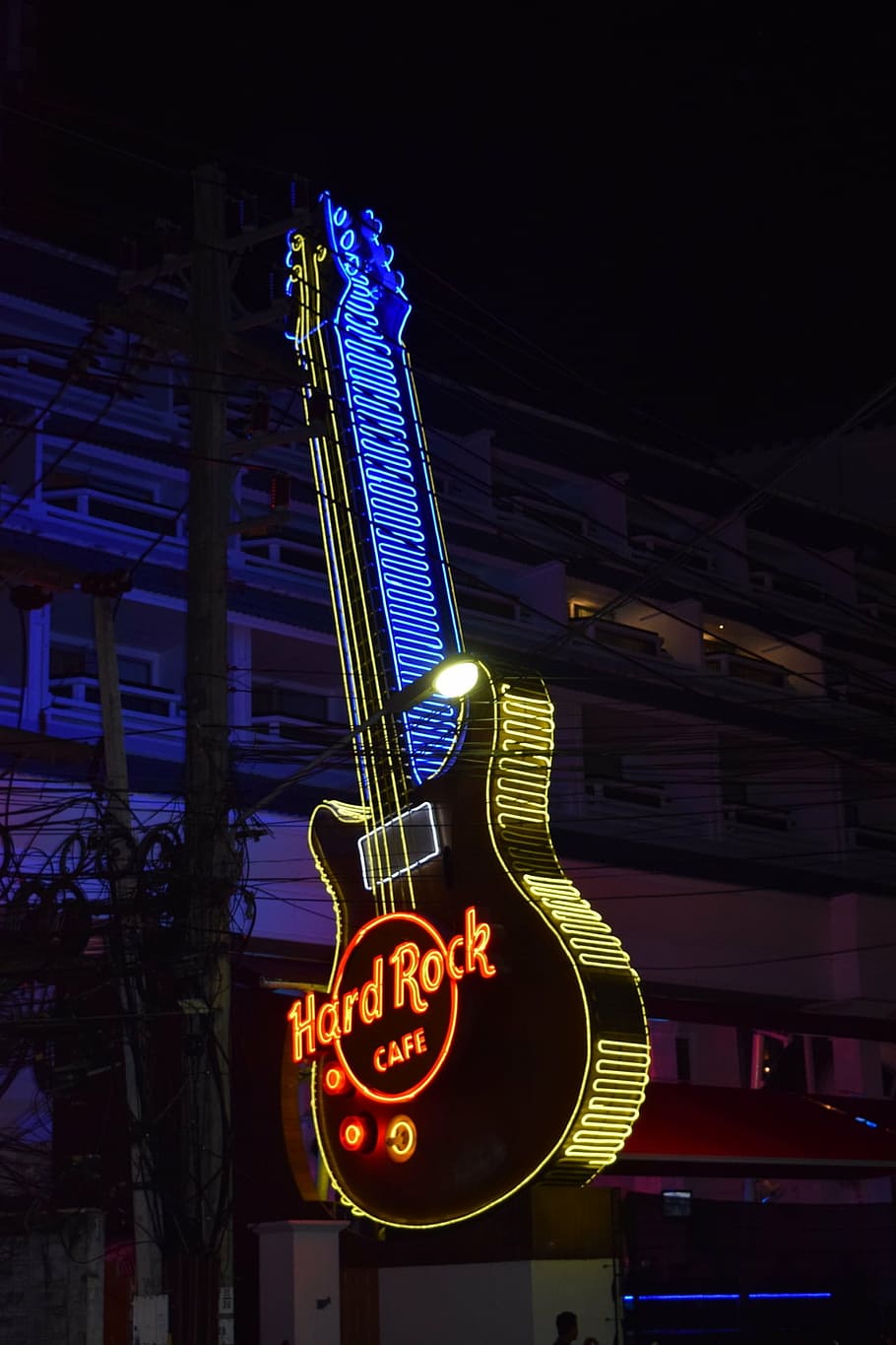 guitar, neon, lighting, illuminated, night, built structure HD wallpaper