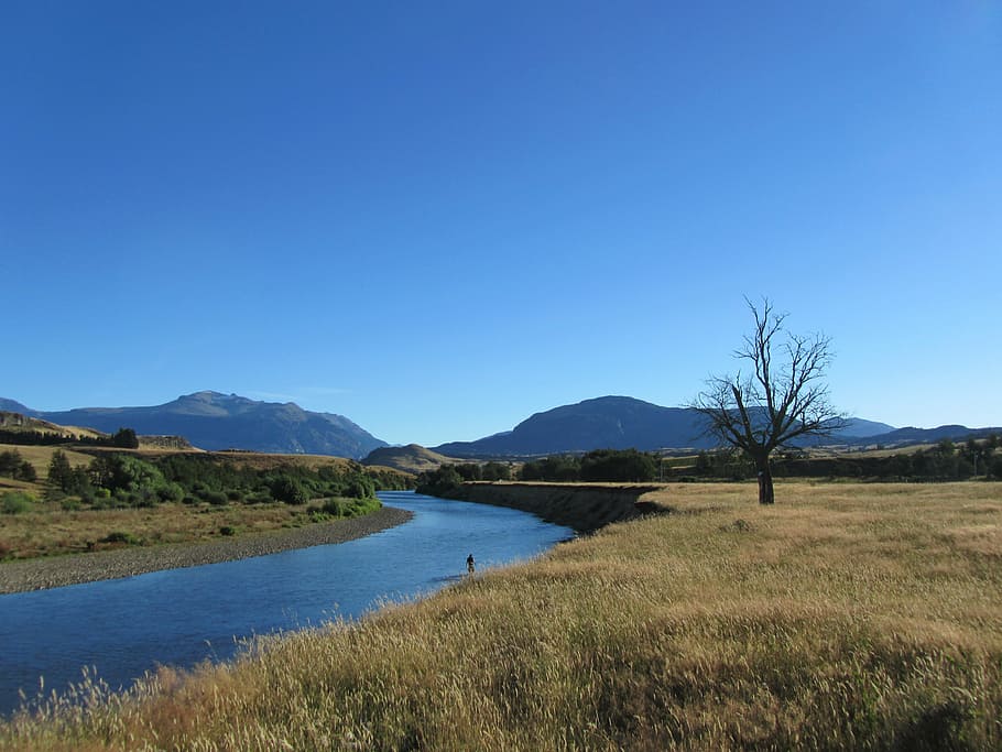 chile, river, mountains, tree, landscape, sky, water, tranquil scene HD wallpaper