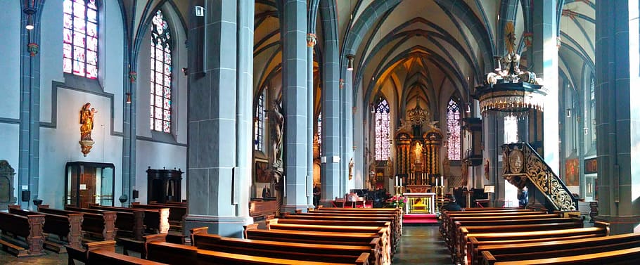 church interior, st lambertus, düsseldorf, basilica, house of worship, HD wallpaper
