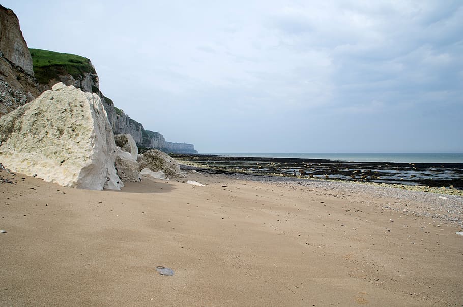 beach, cliff, coastline, side, sea, sand, normandy, sky, water HD wallpaper