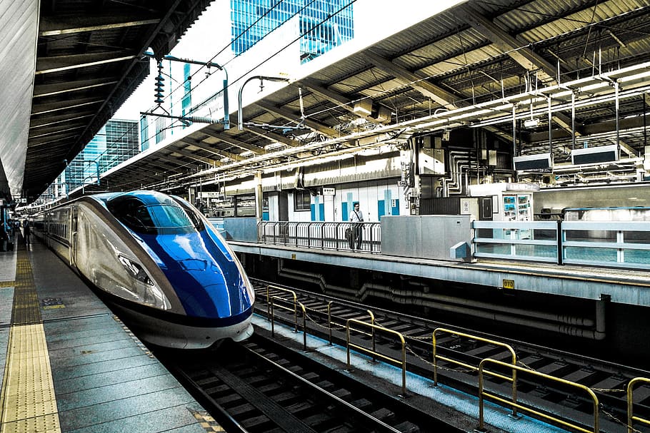 blue bullet train on station, transportation, platform, rail HD wallpaper