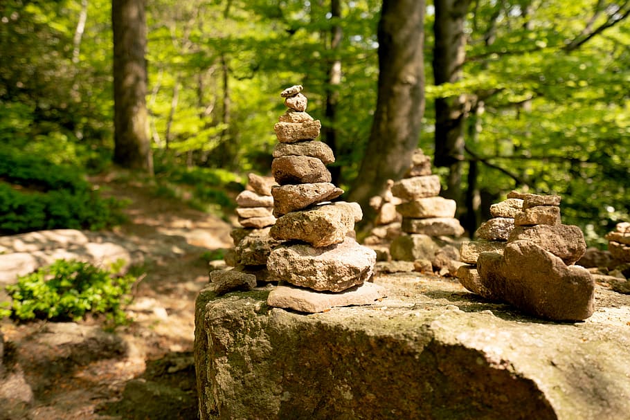 nature, stone, tree, forest, cairn, rock, hiking, away, stack HD wallpaper