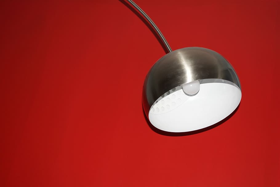 desk lamp in front of red surface, chrome, modern, interior design, HD wallpaper