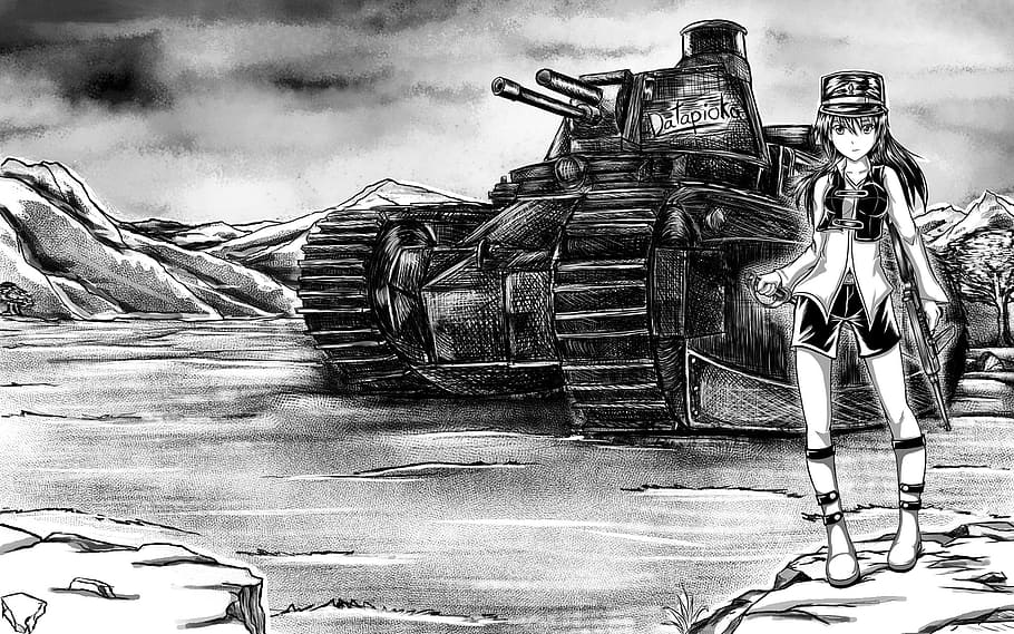 girl in romper dress standing near battle tank sketch, anime