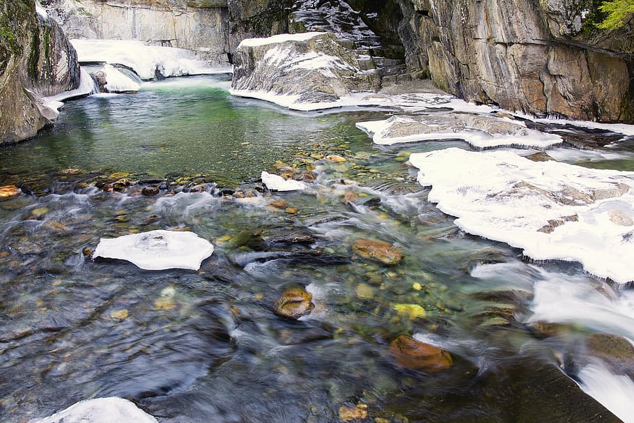 brown stone near body of water, warren falls, pool, natural, winter