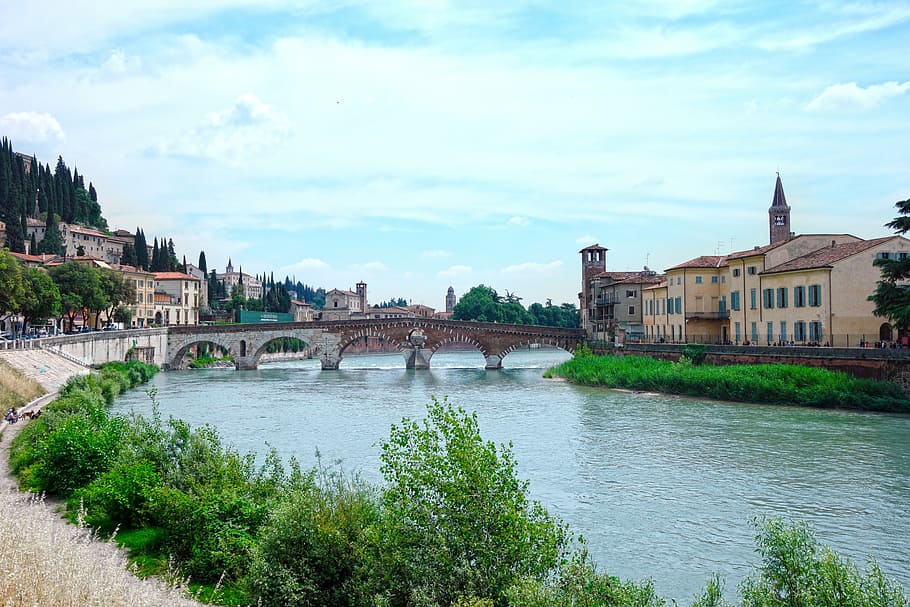 verona, stone bridge, adige, view, landscape, campanile, archi, HD wallpaper