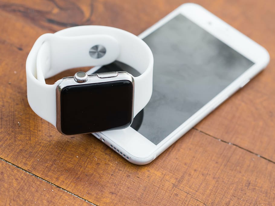 silver aluminum case Apple Watch near post-2017 iPhone, iwatch, HD wallpaper