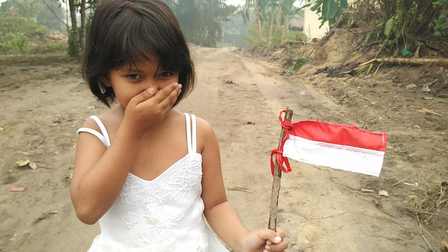 child, cute, young, public domain images, indonesian, flag, HD wallpaper