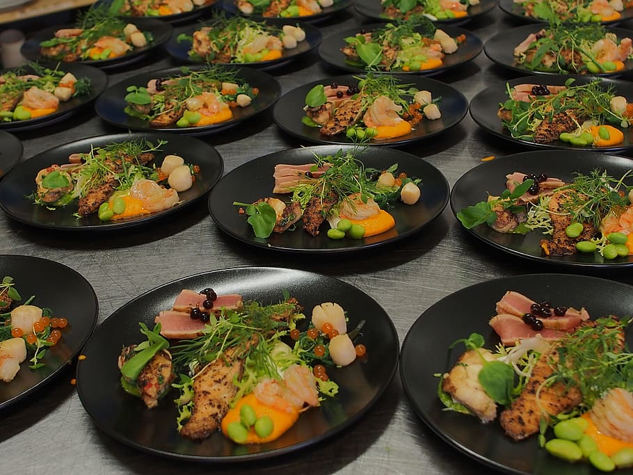 first course, tuna, salmon, prawns, seafood, refreshments, fish symphony HD wallpaper