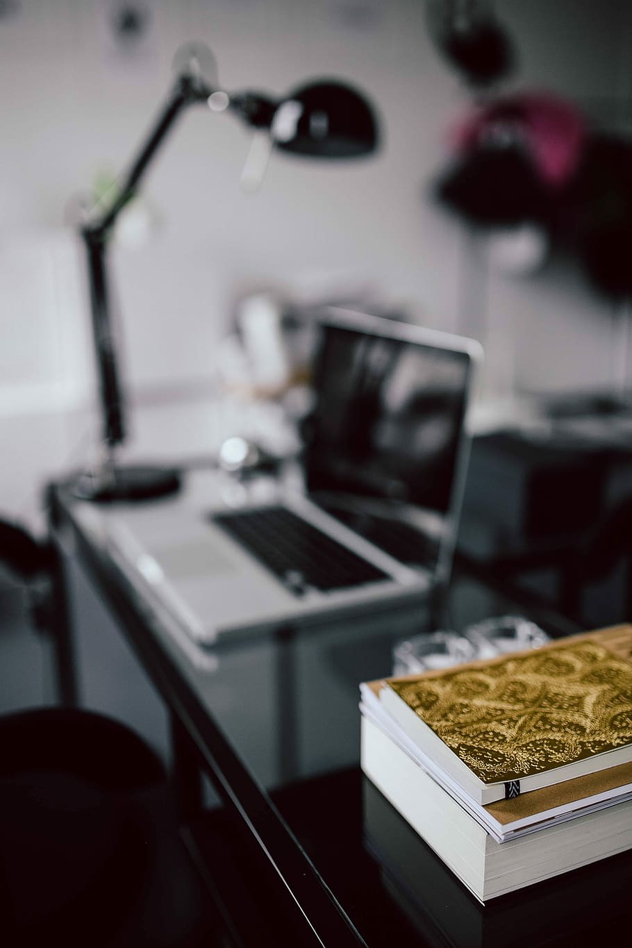 Organized desk with laptop and journals, interior, office, workspace HD wallpaper
