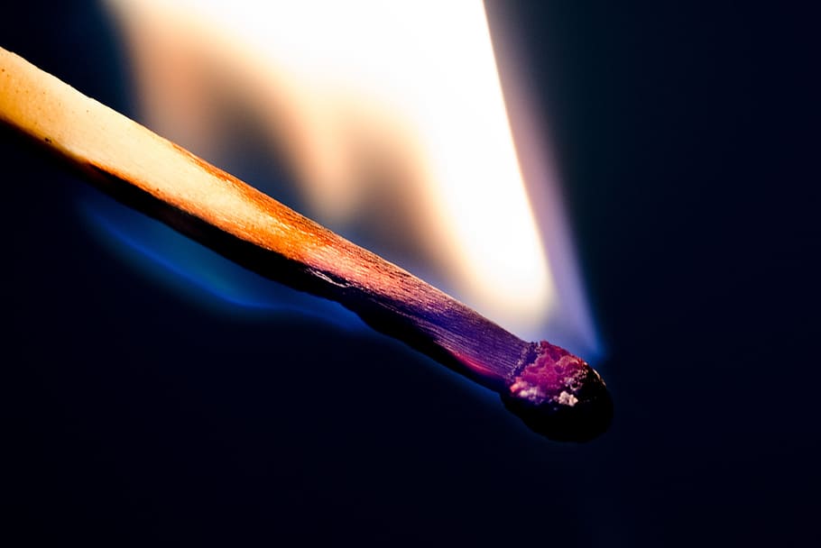 match, lit match, fire, flame, glow, wood, matchstick, smoke HD wallpaper