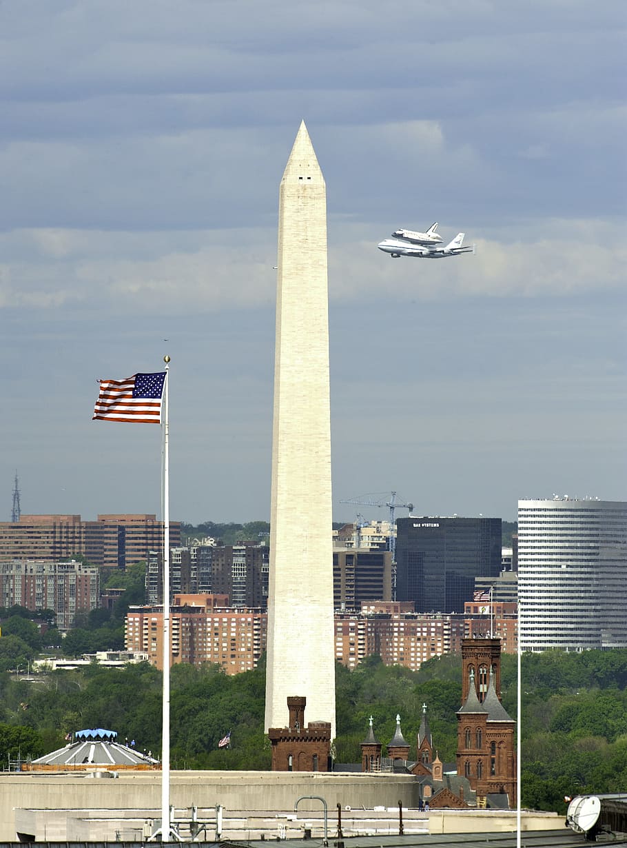 Washington Monument, Clouds, Plane, sky, jet, carrying space shuttle HD wallpaper