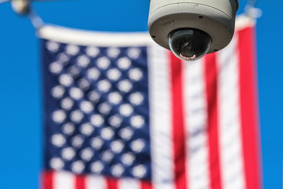 usa, flag, blur, cctv, camera, focus on foreground, low angle view HD wallpaper