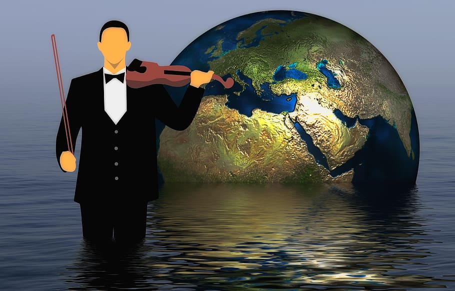 globe, man, geiger, violin, music, setting, apocalypse, decency, HD wallpaper