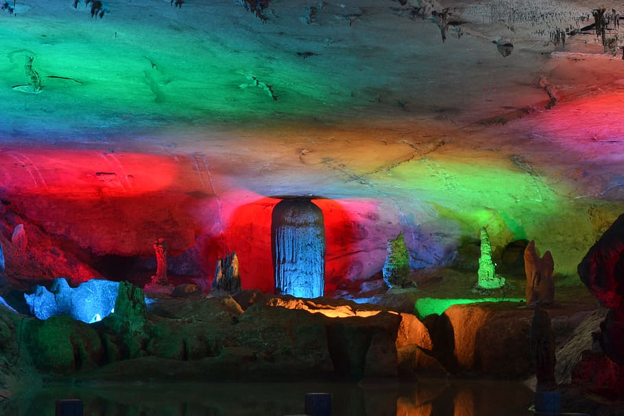 Cave, Wonders, Views, multi colored, illuminated, rainbow, night HD wallpaper