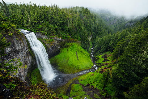 timelapse photography of waterfalls near trees during daytime HD wallpaper
