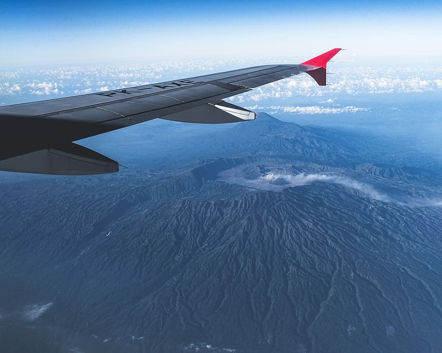 aerial shot of mountain, flying grey and red plane, aircraft HD wallpaper