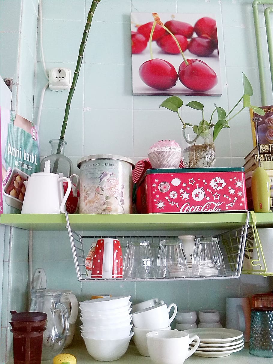 kitchen, dishes, cups, tableware, vessels, tea, crockery, shelving HD wallpaper