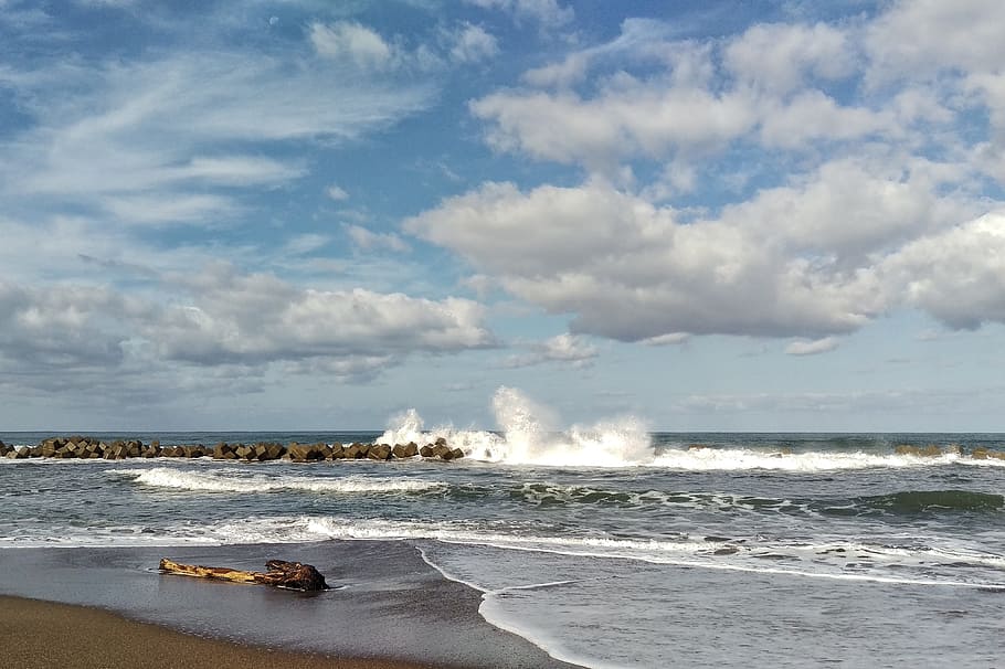 Sky, Cloud, Wind, Sea, Sea, Beach, Wave, driftwood, landscape HD wallpaper