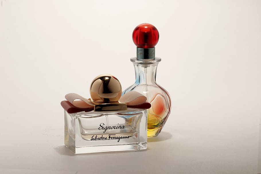 two glass bottles on surface, Perfume, Still Life, White, Composition HD wallpaper