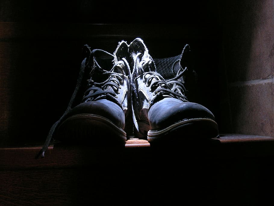 pair of blue-and-black shoes, old, worn, retro, footwear, leather HD wallpaper