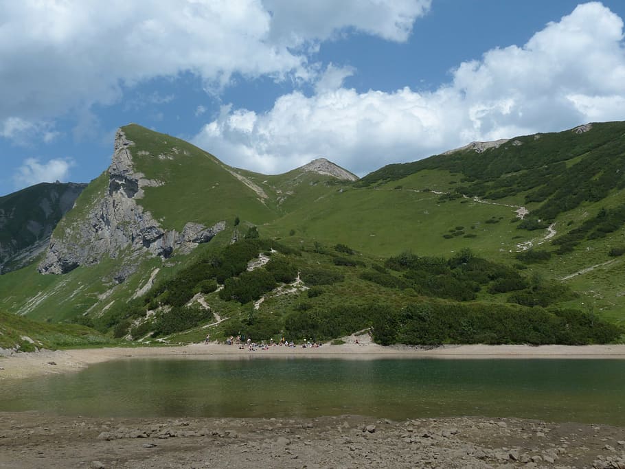 pool, lake, schochen top, sulz tip, pallor, mountains, summit HD wallpaper
