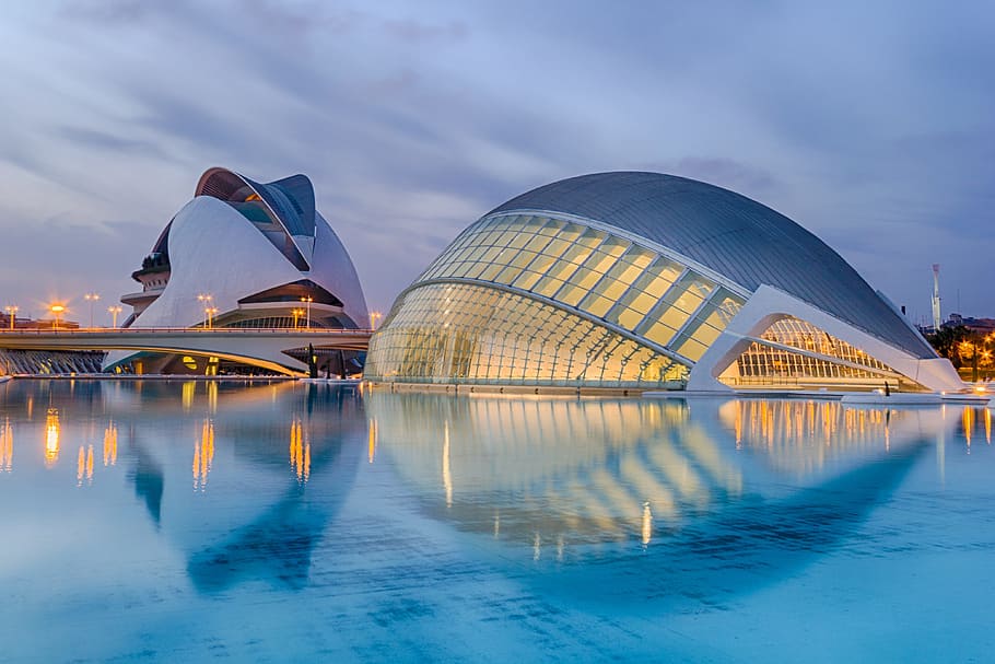 dome-shaped white structure surrounded by water, valencia, spain