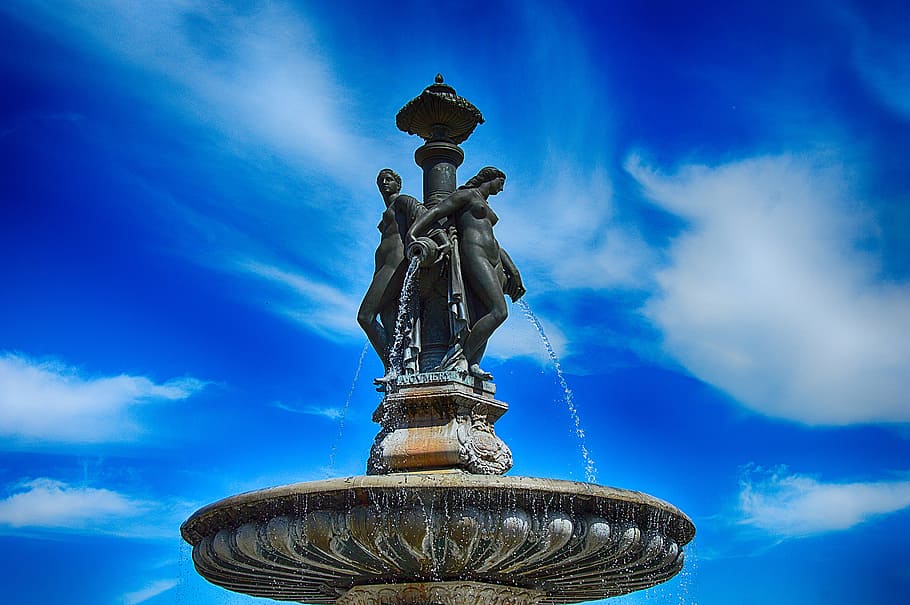 sky, travel, statue, architecture, fountain, bordeaux, fountain of the 3 graces HD wallpaper