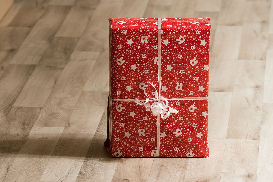 red and gray star print gift box on the floor, present, package HD wallpaper