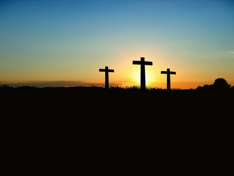 The Three Crosses over the horizon, sunset, sunrise, hill, sky, HD wallpaper