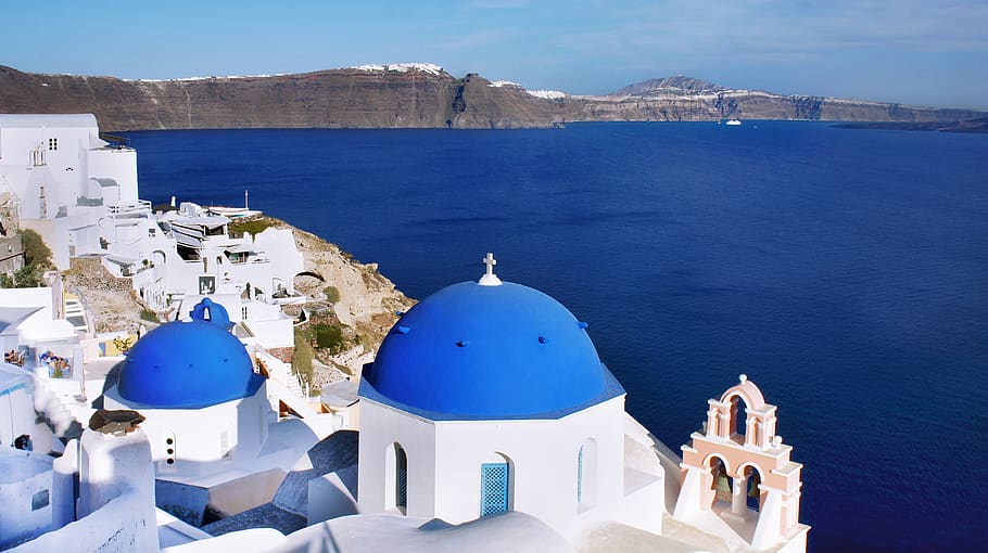 santorini, greece, blue, dome, oia, fira, vacations, sea, summer