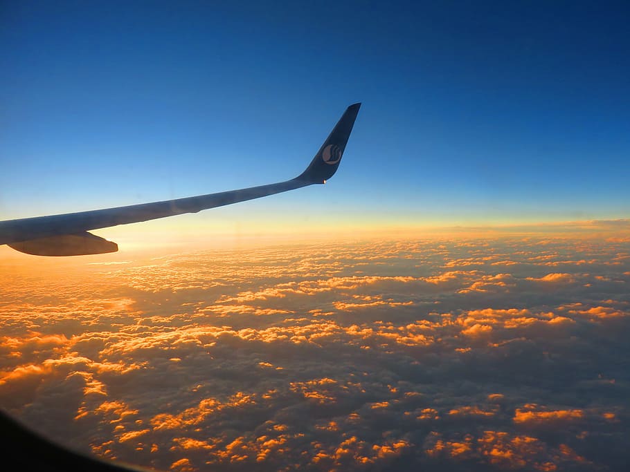 the evening sun, clouds, sunset, airplane, sky, air vehicle HD wallpaper