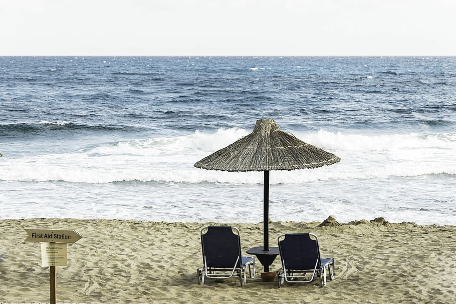 two black beach chair on the seashore, two beach chairs under patio HD wallpaper