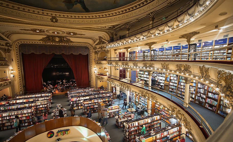 high-angle photo of people inside library with mini stage on room's corner, photo of library interior HD wallpaper