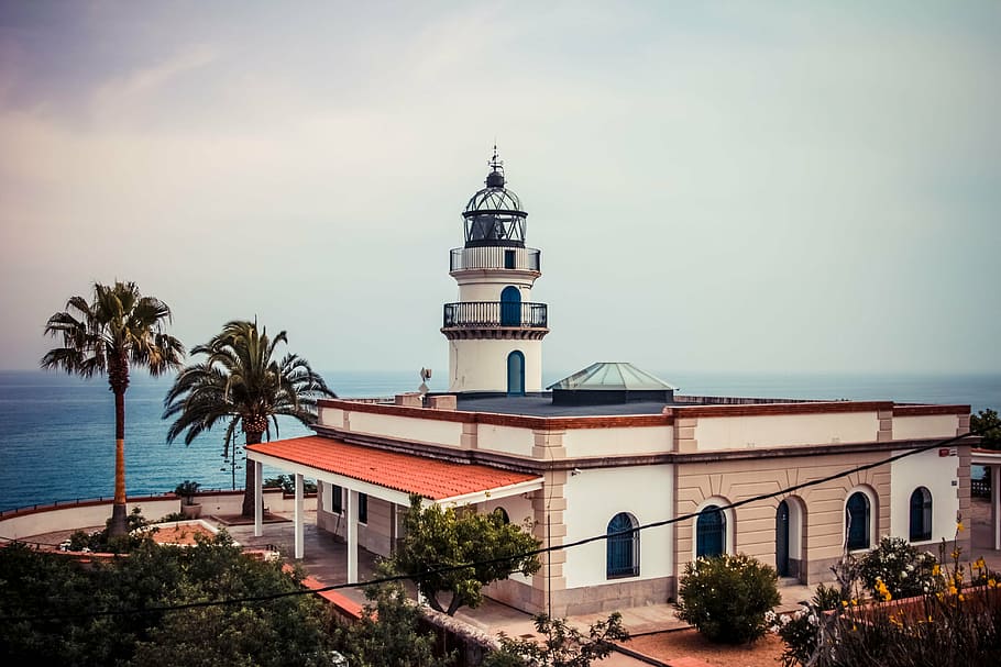 spain, lighthouse, palm trees, calella, building exterior, architecture HD wallpaper