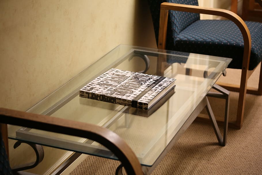 book on glass table in room, office, indoors, furniture, interior HD wallpaper