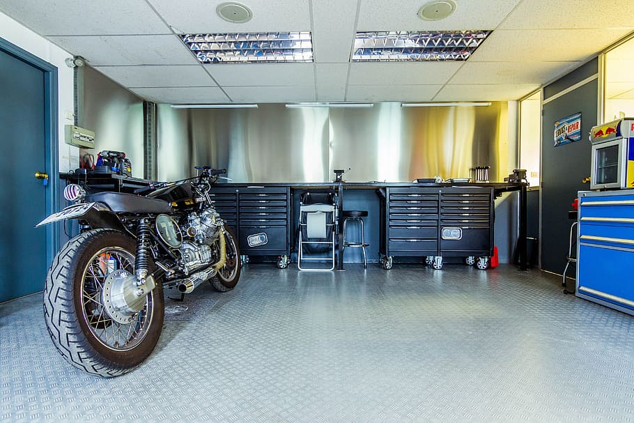 black standard motorcycle park inside building, motorbike, garage