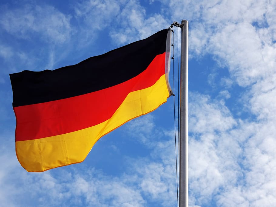 germany, flag, black red gold, national colours, flagpole, world cup 2018, HD wallpaper