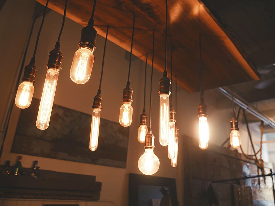 pendant lamps near painting, lights, turned, light bulbs, illumination HD wallpaper