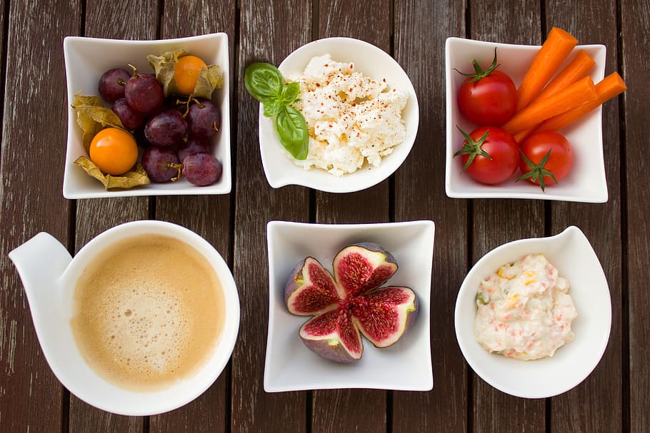 six white ceramic bowls filled with assorted dishes, breakfast HD wallpaper