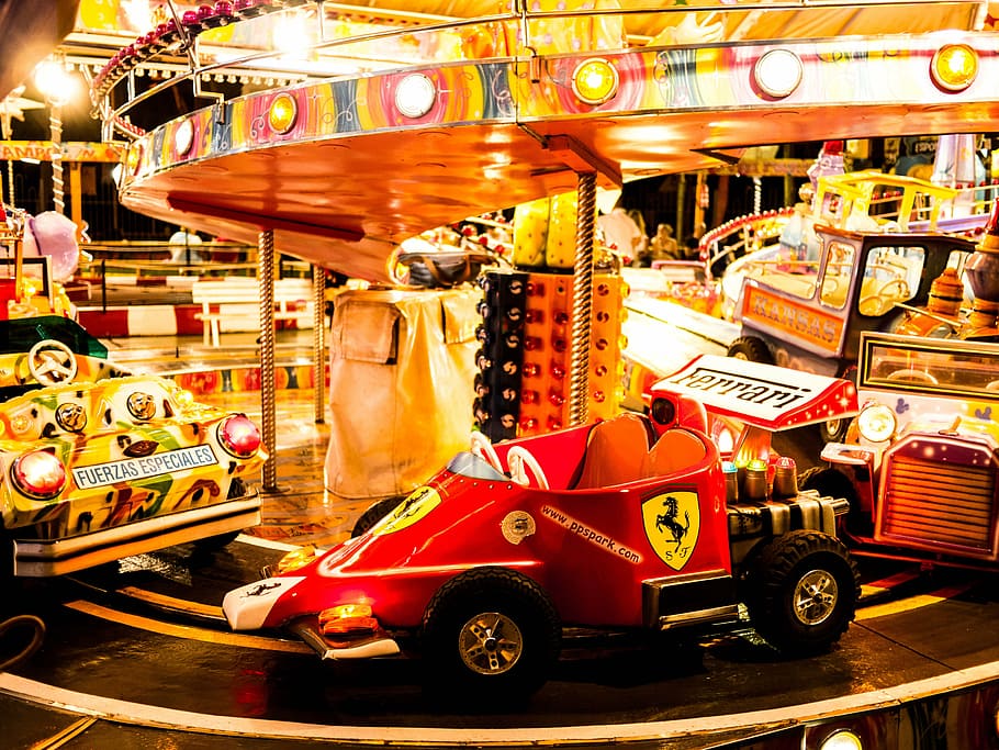 ferrari, car, auto, carousel, fun, play, old, retail, illuminated HD wallpaper