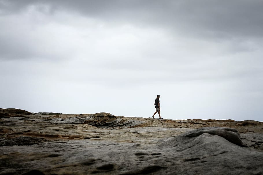 alone, cloudy, landscape, man, outdoors, person, rocky, sky HD wallpaper