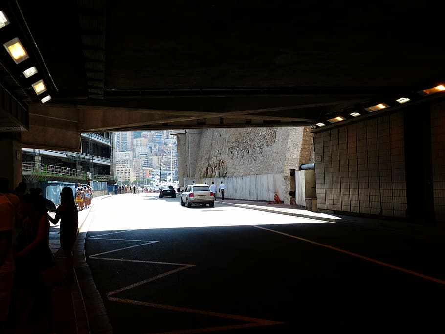 white car driving out road tunnel, monaco, race track, formula 1, HD wallpaper