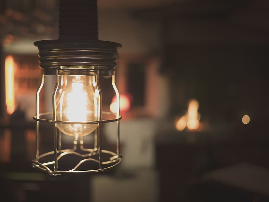 pendant lamp in dark room, electric, bulb, light, power, steel HD wallpaper