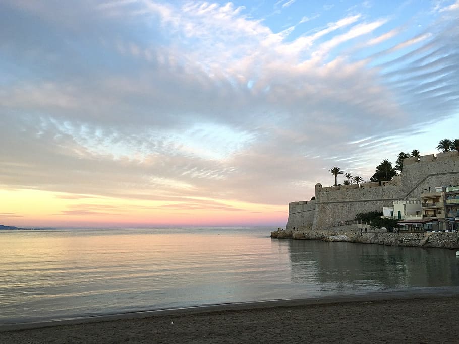 sea, sunset, landscape, castle, peñíscola, sky, clouds, water HD wallpaper