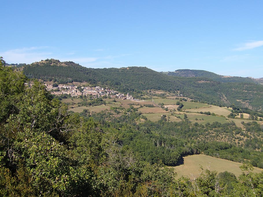 aire de montjaux, landscape, aveyron, france, hills, village, HD wallpaper